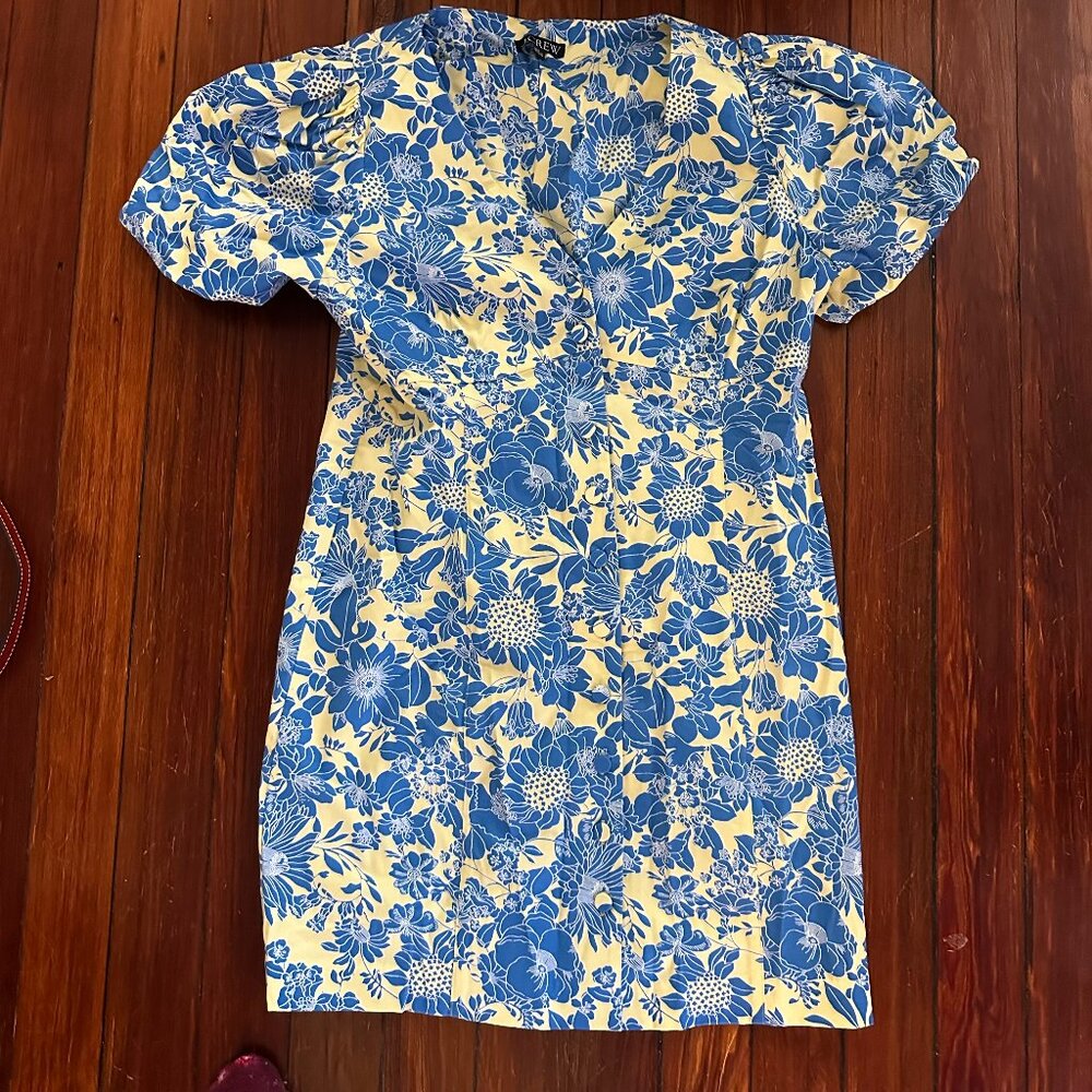 J. Crew Button-front puff-sleeve mini dress in blue floral twill - Picture 2 of 5